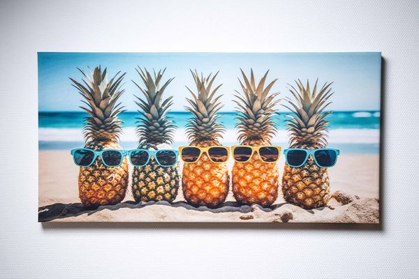 Akustické obrazy Rechteckiges Akustikbild an einer Wand mit einem Motiv, das 5 Ananas mit Sonnenbrillen zeigt